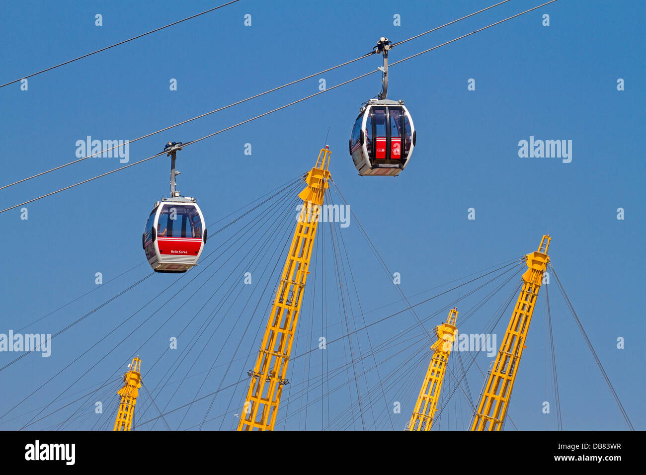 London, North Greenwich  Emirates Air Line cable car link, with O2 Arena king posts in the background Stock Photo