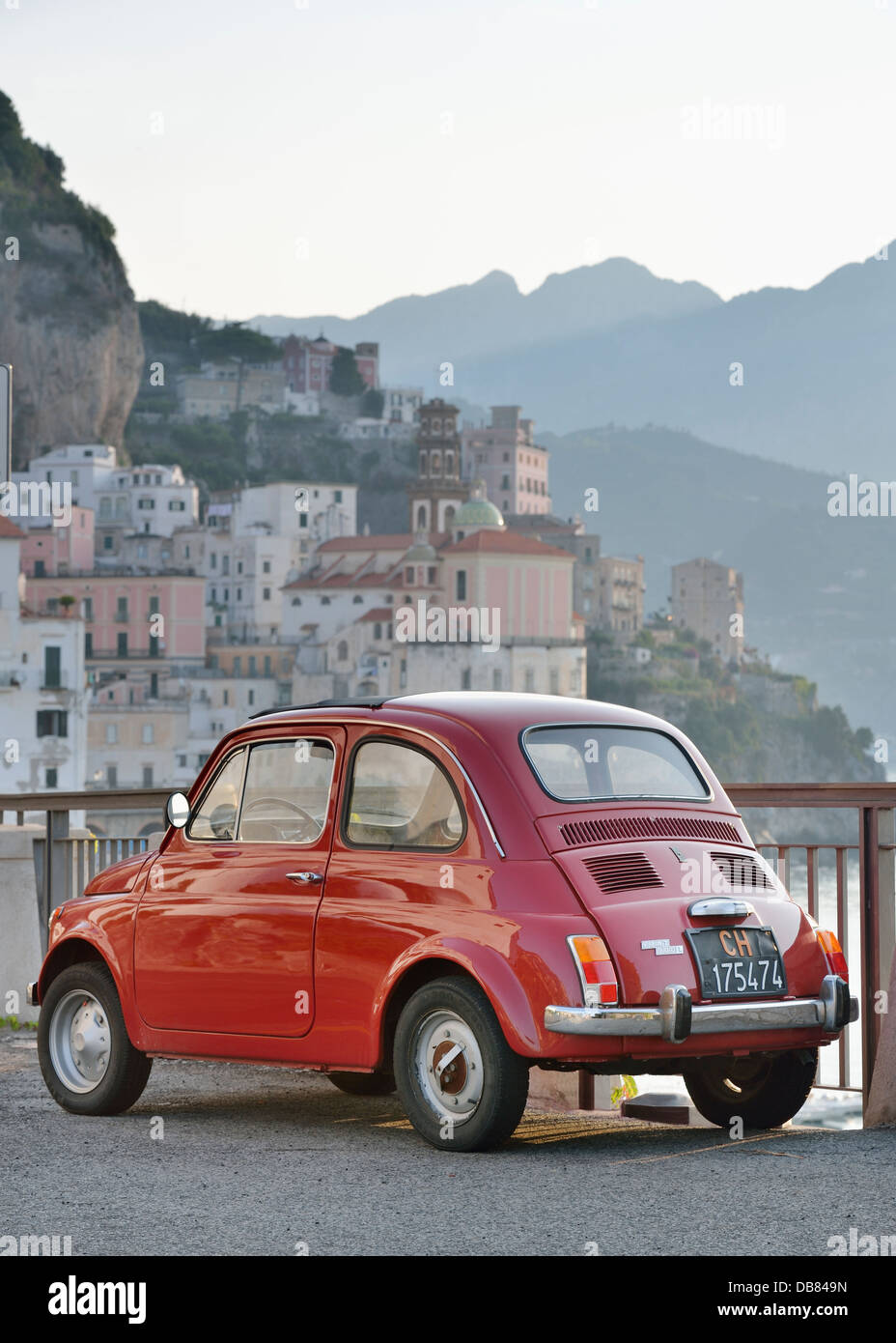Classic red Fiat car on Amalfi Coast Stock Photo