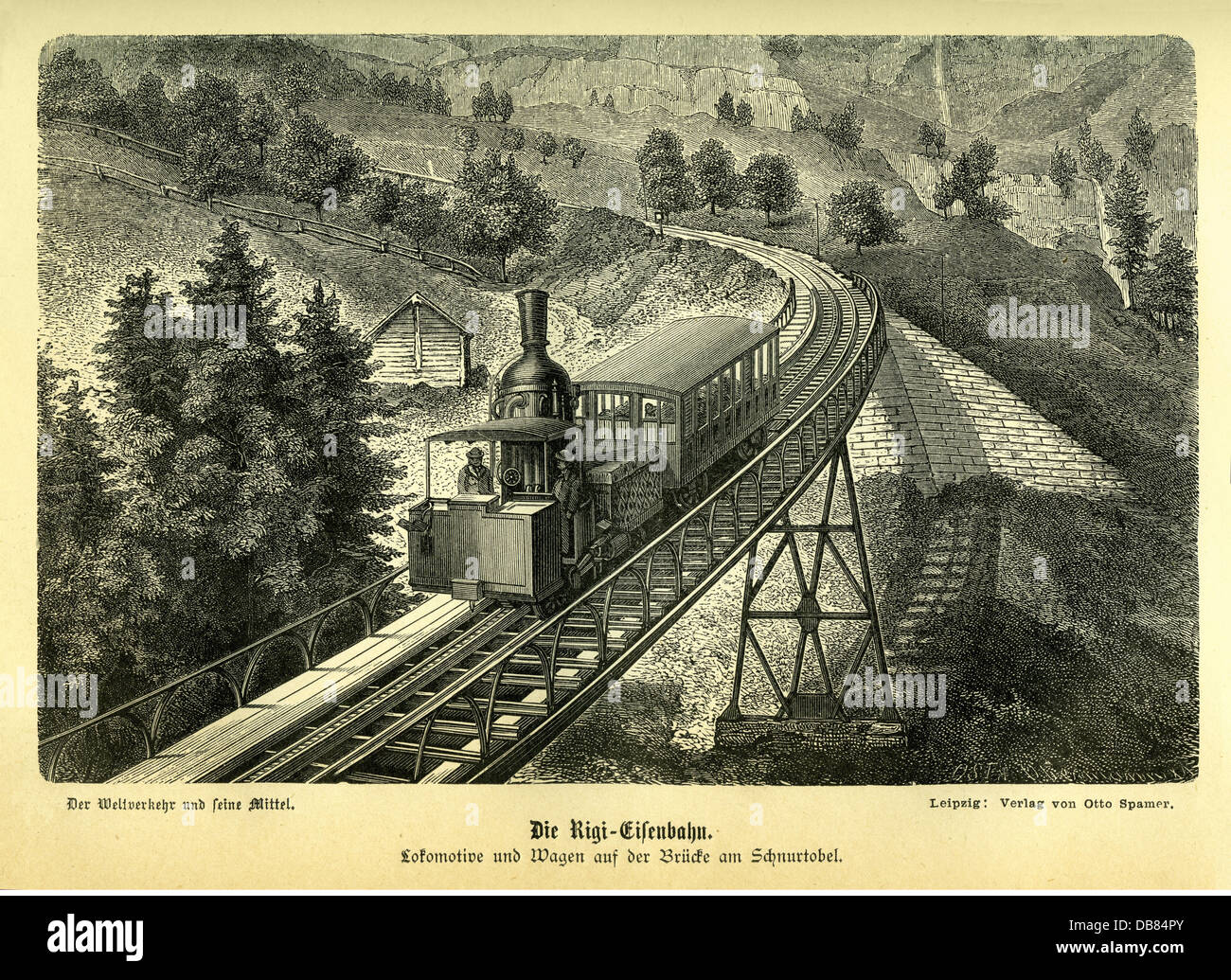 transport / transportation,railway,the Rigi train,locomotive and carriages on the bridge on Schnurtobel,Schnurtobel Bridge,Vitznau-Rigi Train,first rack-railway in Europe,first mountain railway in Europe,planned by engineer Niklaus Riggenbach,opening: 1871,wood engraving,Switzerland,circa 1881,Rigi Train,single-track,single-track course,train,trains,upward slope,upward slopes,Alps,gear wheel,gearwheel,gear wheels,rack-railway,rack-railroad,vertical steam drum,mountain,peak,peaks,mounts,mount,public transport,public transportatio,Additional-Rights-Clearences-Not Available Stock Photo