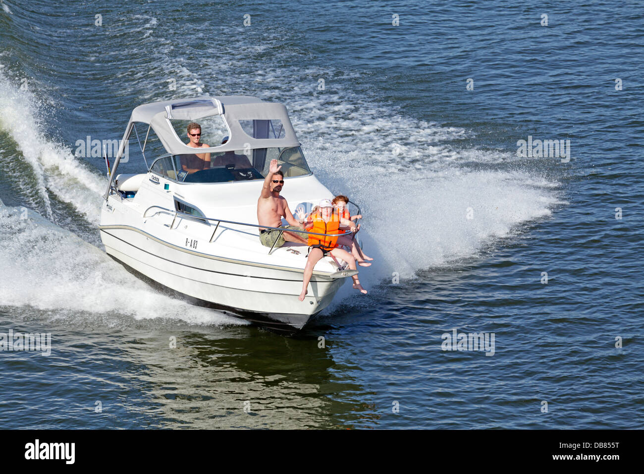 speedboat on River Danube near Donaustauf, Bavaria, Germany Stock Photo
