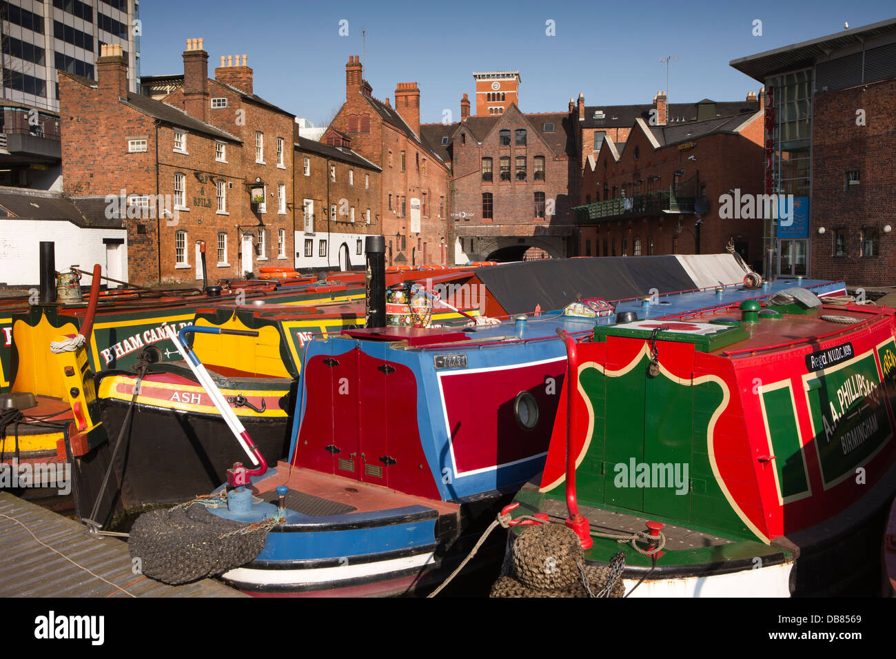 UK, England, Birmingham, narrowboats moored in Gas Street Basin Stock Photo