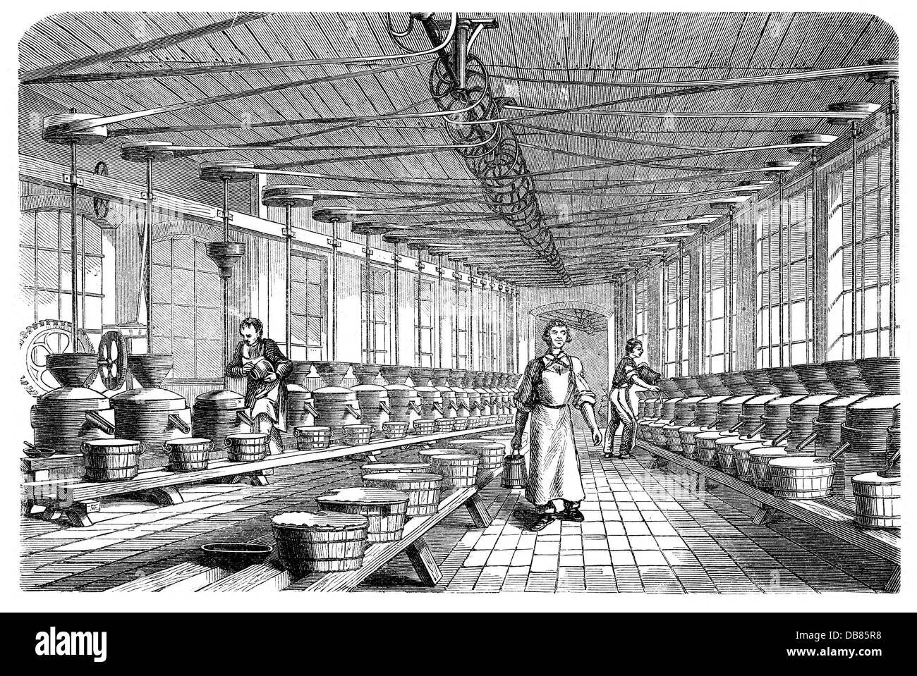 industry, pencil production, elutriation room, pencil plant Grossberger and Kurz, Nuremberg, wood engraving, 2nd half 19th century, pencil, pencils, writing utensil, writing utensils, work, works, factory building, factory buildings, hall, halls, elutriate, clean, people, workers, worker, men, man, Kingdom of Bavaria, Germany, Franconia, interior view, technics, belt drive, belt, belts, manufacture, fabrication, industry, industries, historic, historical, Additional-Rights-Clearences-Not Available Stock Photo