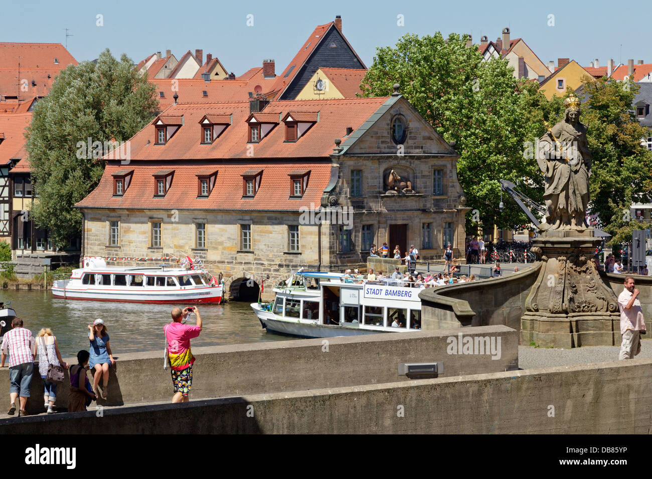 excursion boats on River Regnitz, Bamberg, Bavaria, Germany Stock Photo