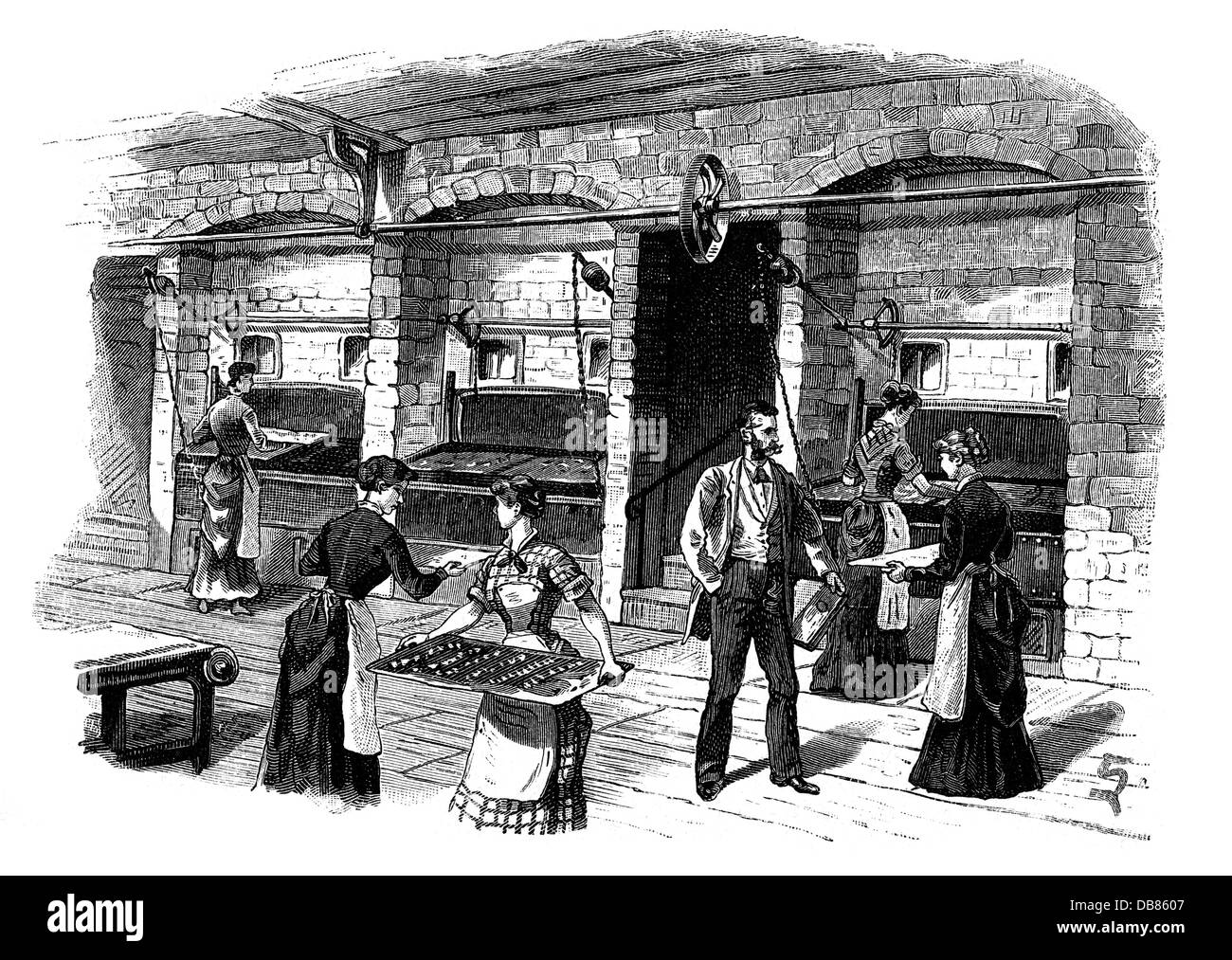 industry, food, sponge, biscuit factory of Langnese, Eppendorf, interior view, loading the baking ovens, wood engraving, 1884, Additional-Rights-Clearences-Not Available Stock Photo