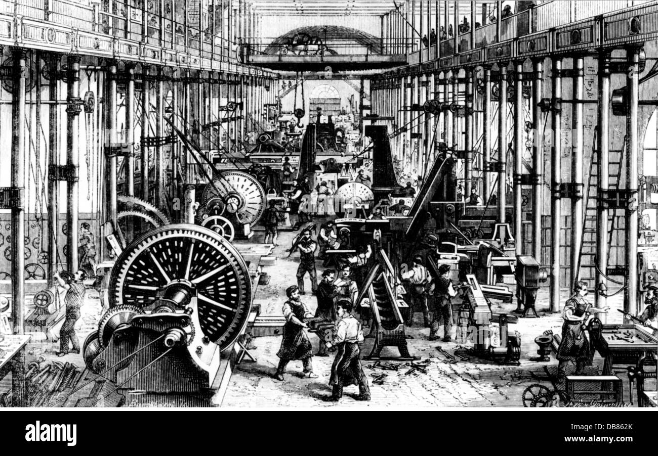 industry, machine construction, production hall of the company Goetze and Hartmann, Chemnitz, wood engraving, mid 19th century, plant, plants, factory, factories, production, fabrication, machine, machines, industrial revolution, people, men, man, workers, worker, works, working, work, Kingdom of Saxony, Germany, industry, industries, machine construction, machine-building, historic, historical, Gotze, Götze, Additional-Rights-Clearences-Not Available Stock Photo