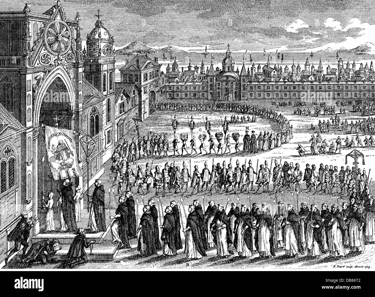 justice, inquisition, auto-da-fe, procession of inquisitors and convicts to the church, copper engraving, by B.Picart,1723, Artist's Copyright has not to be cleared Stock Photo