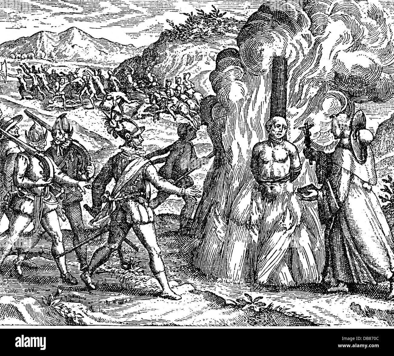justice, inquisition, execution of a convict on the funeral pile, Cuba, after Bartolome de las Casas (1484 / 1485 - 1566), copper engraving, 16th century, 16th century, graphic, graphics, jurisdiction, court of justice, courts of justice, religion, religions, Christianity, Catholicism, heresies, heresy, heretic, convict, holy Officium, ecclesiastic justice, execution, executions, funeral pile, pyre, stake, burning up, South America, Caribbean, the Caribbean Sea, Conquista, conquistador, conquistadores, conquistadors, death by fire, burning, burnings, d, Artist's Copyright has not to be cleared Stock Photo