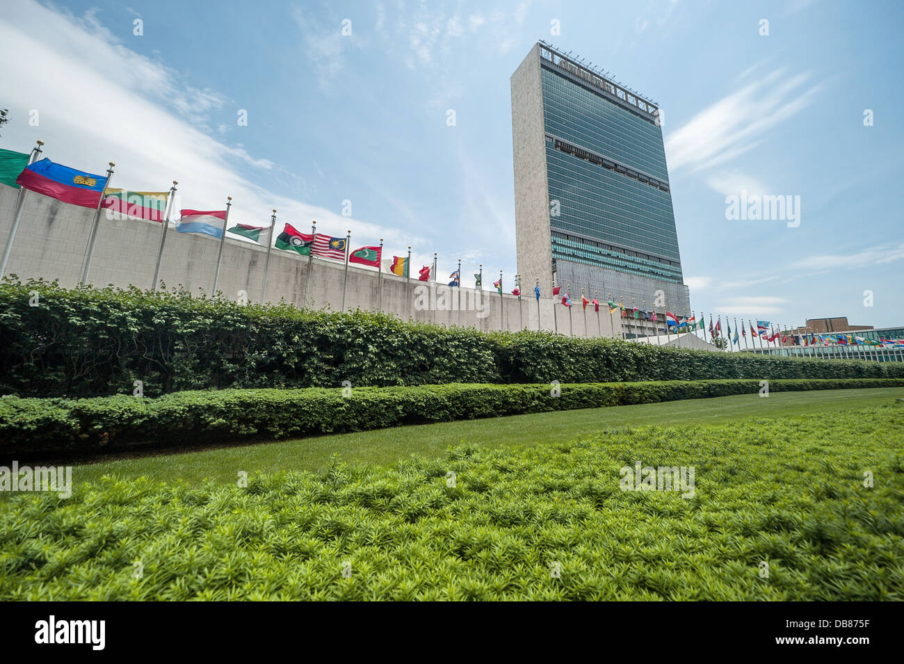 A wide angle view looking up at the United Nations building, NYC Stock Photo