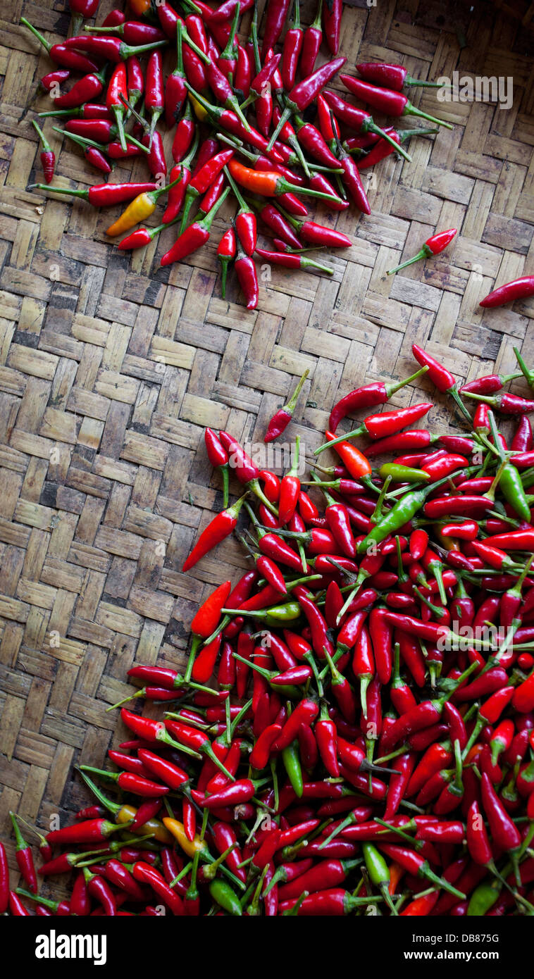 Small red hot chillies at a food market in Kota Kinabalu, Sabah, Malaysia Stock Photo