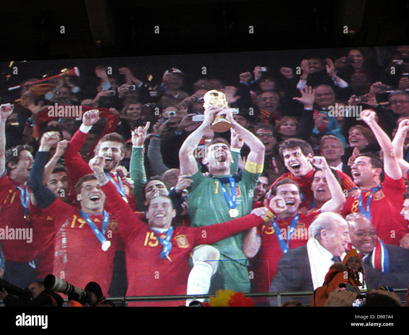 television image Spain as they celebrate after winning 2010 soccer world cup final FNB Stadium in Soweto during 2010 FIFA World Stock Photo