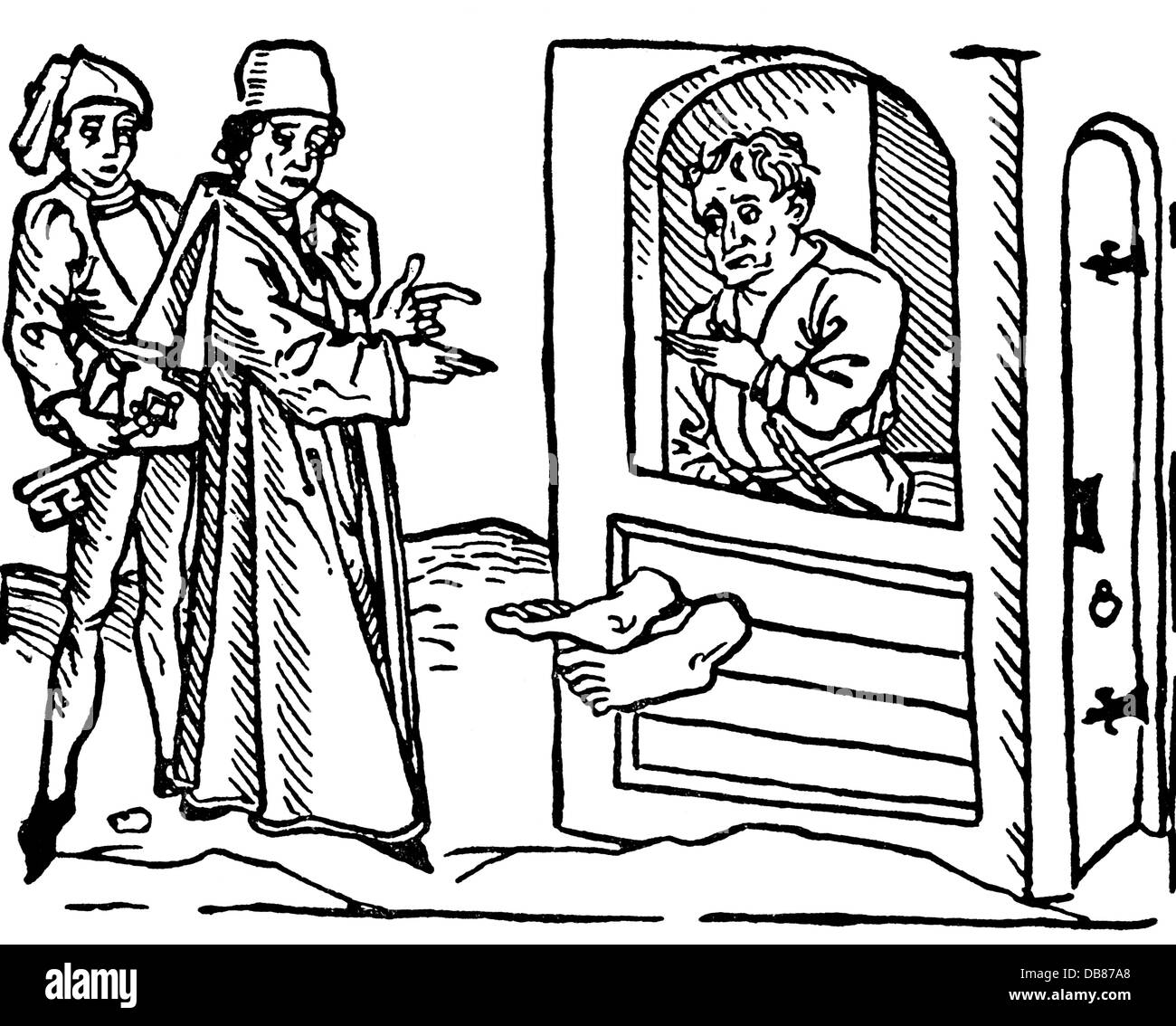 justice, torture, prisoner in stocks, woodcut, out of: Aesop translated by Heinrich Steinhöwel (1412 - 1482 / 1483), print: Johann Zainer, Ulm, circa 1475, Additional-Rights-Clearences-Not Available Stock Photo