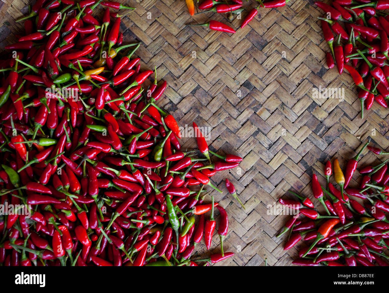 Small red hot chillies at a food market in Kota Kinabalu, Sabah, Malaysia Stock Photo