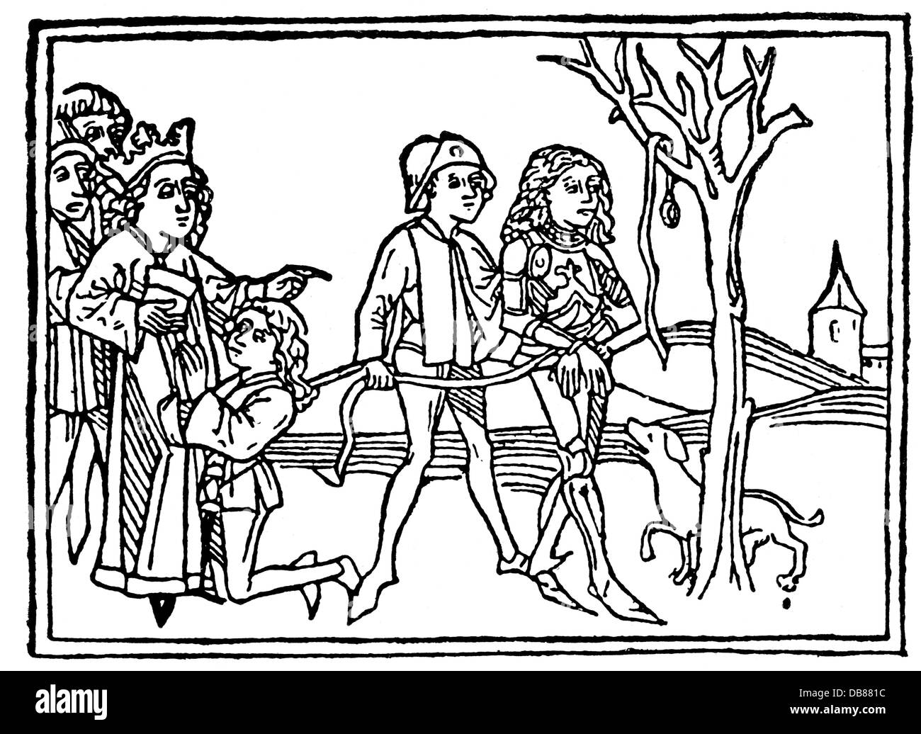 justice, penitentiary system, hanging, convict is led to the gallows, woodcut, 15th century, 15th century, Middle Ages, medieval, mediaeval, graphic, graphics, jurisdiction, penalty, penalties, punishment, punishments, execution, executions, king, kings, judges, referee, associate judge, going, go, enchained, begging, beg, petition, petitioning, hanging, hang, gallows, gibbet, gibbets, lead, leading, historic, historical, people, Additional-Rights-Clearences-Not Available Stock Photo
