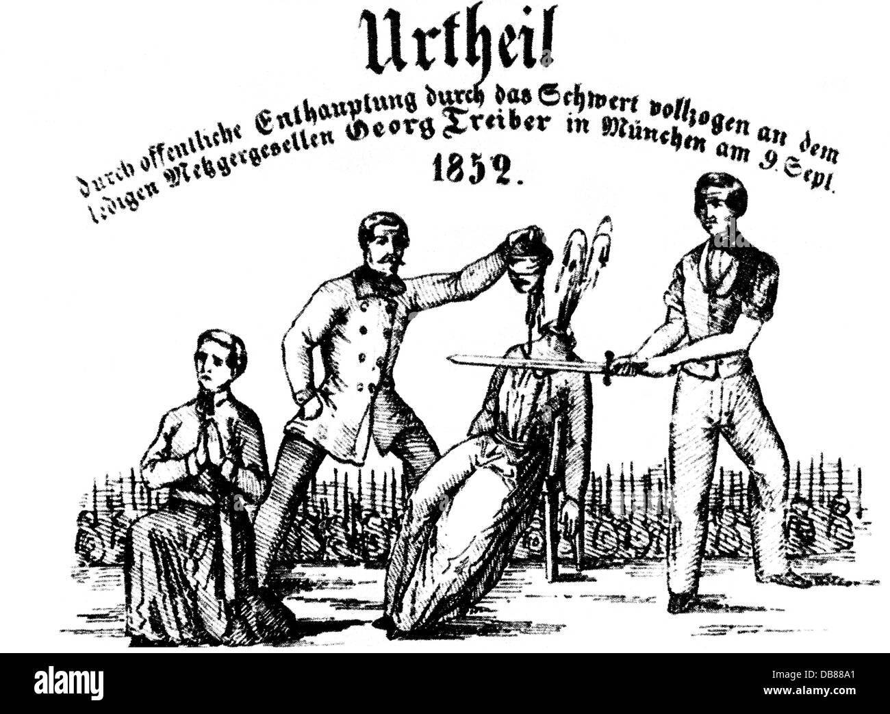 justice, penitentiary system, beheading, public execution of the butcher's apprentice Georg Treiber for murder with robbery, Munich, 9.9.1852, Additional-Rights-Clearences-Not Available Stock Photo