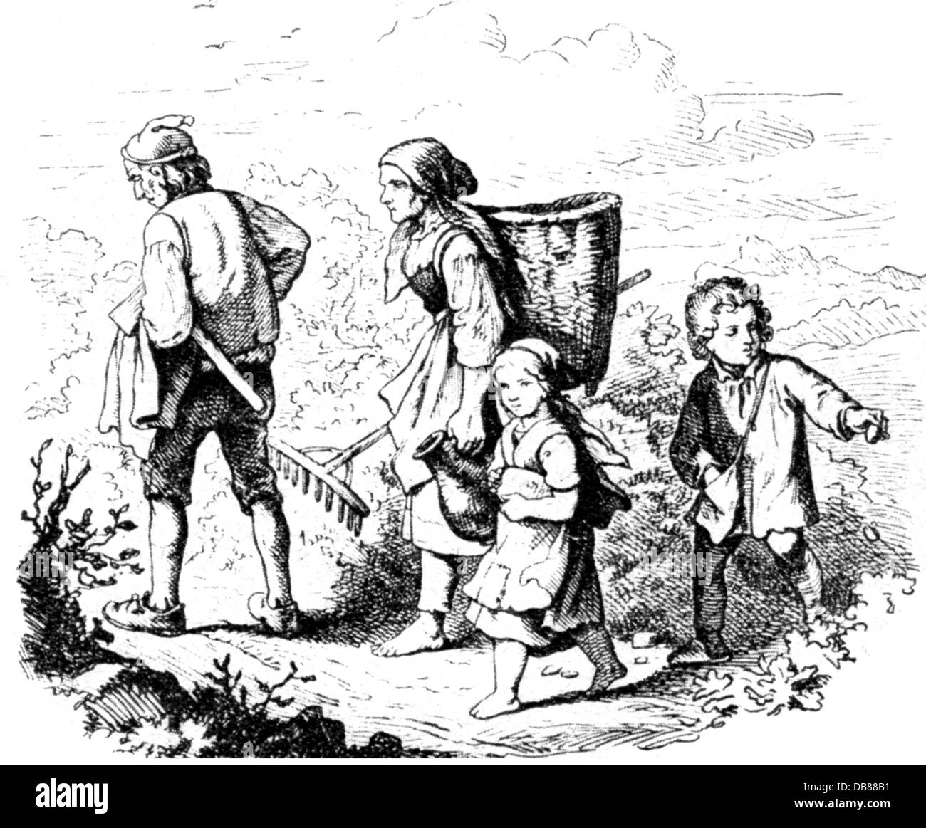 literature,fairytale,brothers Grimm,Hansel and Gretel,the children with their parents,drawing by Ludwig Richter(1804 - 1884),19th century,19th century,graphic,graphics,fairy tales for children,household tale,household tales,fairytale,fairy-tale,fairy story,fairytales,fairy-tales,fairy stories,half length,standing,sibling,siblings,brother,brothers,sister,sisters,parents,parent,going,go,walking,walk,pebble,pebble stone,gravelstone,pebbles,pebble stones,stones,trace,mark,marking,path,paths,historic,historical,female,,Additional-Rights-Clearences-Not Available Stock Photo