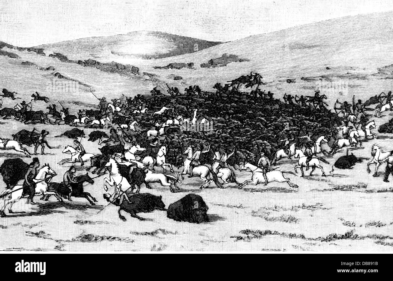 hunt, buffalo, bison hunt in North America, drive hunt by American Indians in the prairie, wood engraving, circa 1890, Additional-Rights-Clearences-Not Available Stock Photo