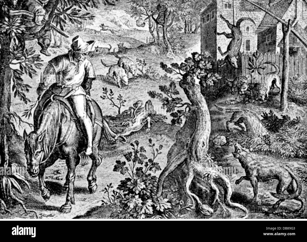 hunt, wolf, wolf hunting with gallows, after copper engraving by Adrian Collaert, 16th century, people, men, man, hunter, hunters, hunting, Gallows, hunt, hunts, wolf, wolves, historic, historical, Artist's Copyright has not to be cleared Stock Photo