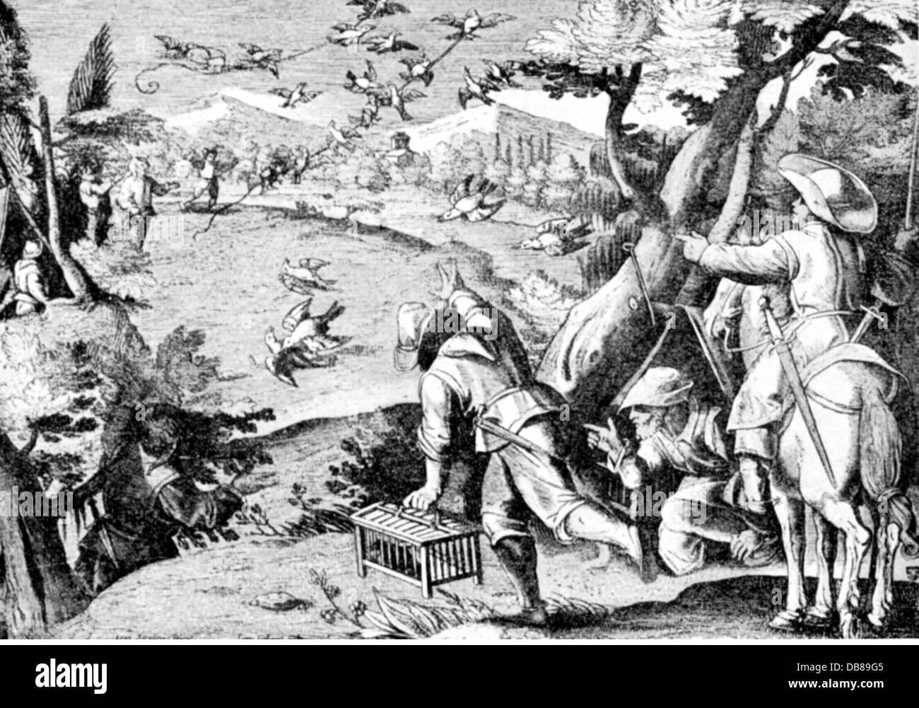 hunt, birds, fowling with loop laces, after copper engraving by Adrian Collaert, 16th century, people, men, man, hunter, hunters, hunting, loop string, string, strings, cord, cords, hunt, hunts, birds, bird, historic, historical, Artist's Copyright has not to be cleared Stock Photo