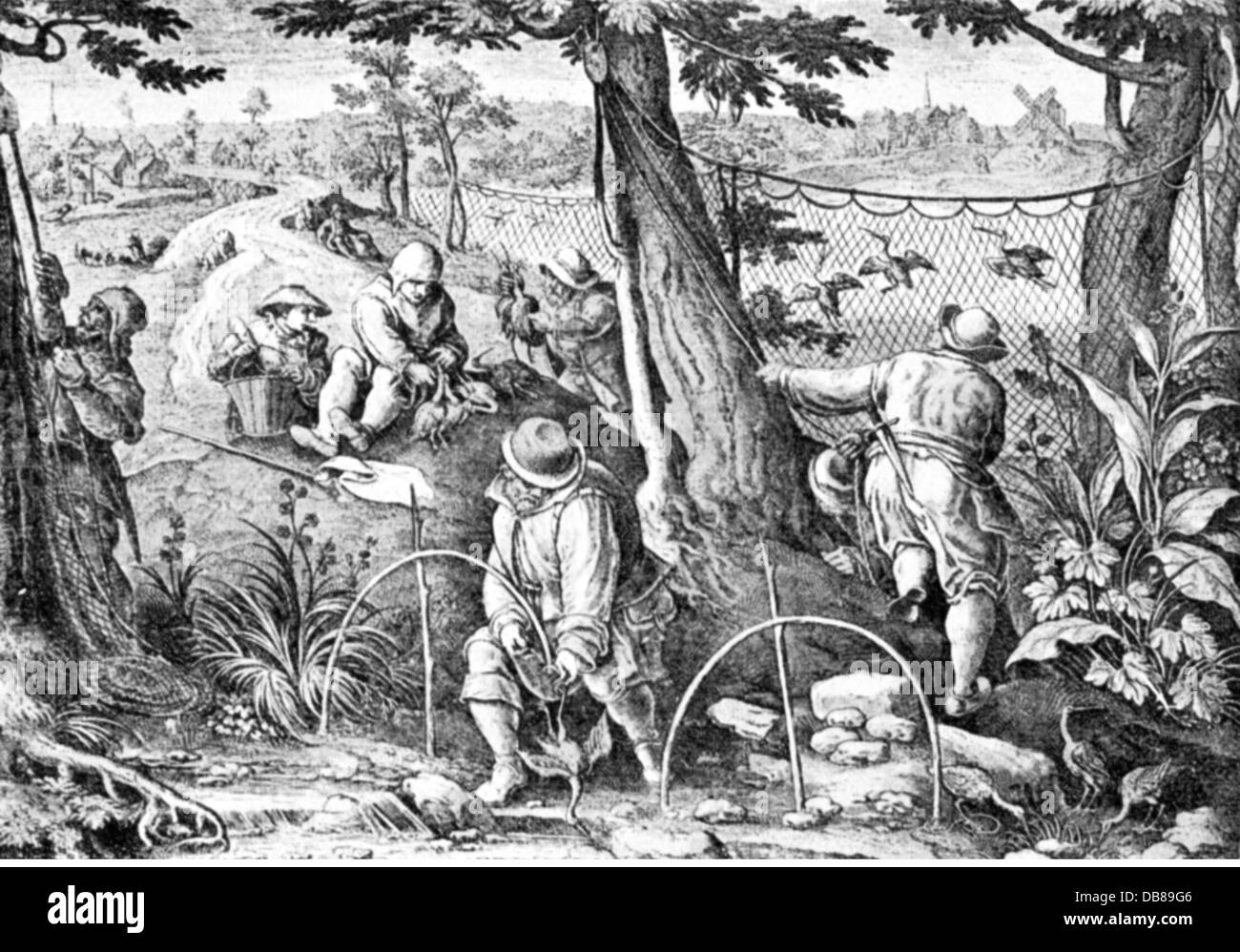 hunt, birds, fowling with nets and slings, after copper engraving by Adrian  Collaert, 16th century, people, men, man, hunter, hunters, hunting, net,  nets, slings, sling, hunt, hunts, birds, bird, wet, wetting, historic,