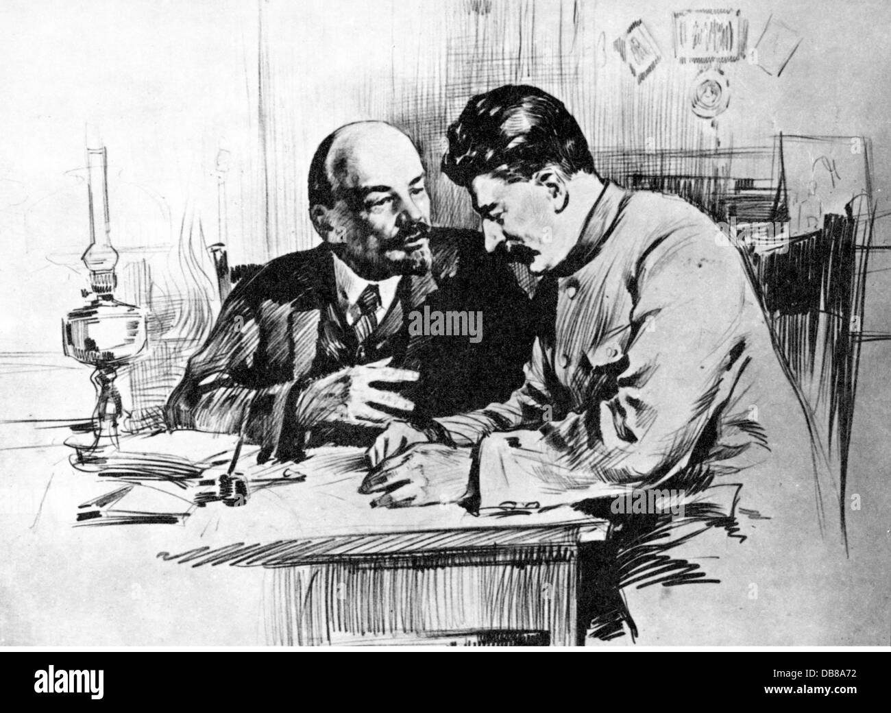 Lenin (Vladimir Ilyich Ulyanov), 22.4.1870 - 21.1.1924, Russian politician, half length, with Joseph Stalin, at an illegal meeting, Saint Petersburg, 3.10.1917, drawing by P.Vassiliev, 20th century, Stock Photo