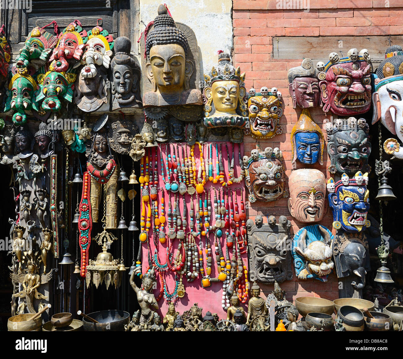 Face Nepali masks of Hindu gods on market in Kathmandu, Nepal Stock Photo