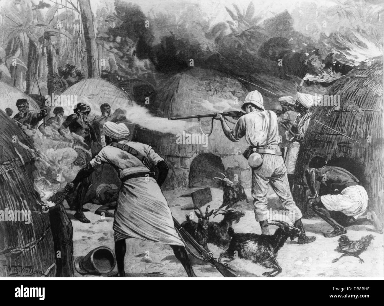 colonialism,Africa,Emin Pascha Relief Expedition 1886 - 1889,Henry Morton Stanley fighting against natives in the Majambonis Country,11.12.1887,wood engraving by W.B.Wollem,1890,19th century,imperialism,colonial supremacy,colonial rule,colony,colonies,scramble for Africa,North Africa,Northern Africa,native,natives,indigenous people,village,villages,attack,attacking,attacks,assault,assaulting,fights,fighting,fight,battling,battle,rifle,gun,rifles,guns,shooting,shoot,shot,firing,fire,sun helmet,pith helmet,sun helmets,pi,Additional-Rights-Clearences-Not Available Stock Photo