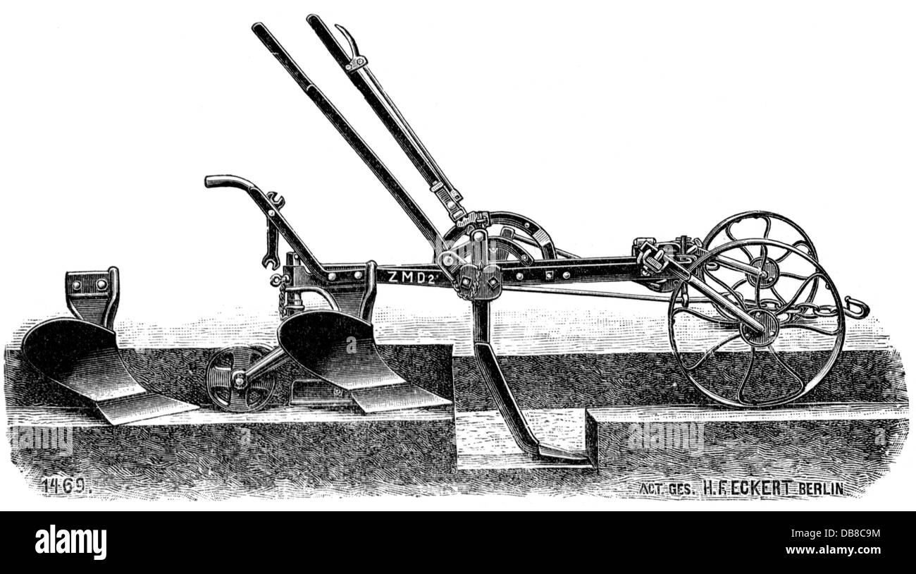 agriculture, devices, plough, bogland cultivation plough of the company H. F. Eckert, Berlin, wood engraving, 2nd half 19th century, appliance, appliances, agricultural machine, farm machine, agricultural machines, farm machines, technics, technology, technologies, tillage, tilth, arable farming, Germany, bog cultivation, bog, mire, bogs, mires, wetland, wetlands, moor, moors, reclamation, cultivation, agriculture, farming, devices, device, plough, plow, ploughs, plows, historic, historical, Additional-Rights-Clearences-Not Available Stock Photo