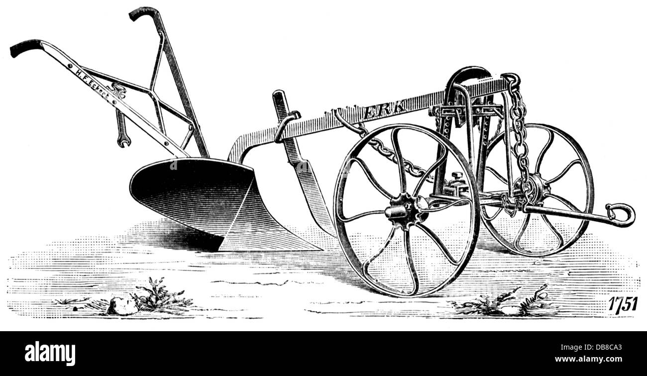 agriculture, devices, plough, plough of the company H. F. Eckert, Berlin, wood engraving, 2nd half 19th century, appliance, appliances, agricultural machine, farm machine, agricultural machines, farm machines, technics, technology, technologies, tillage, tilth, arable farming, agriculture, farming, devices, device, plough, plow, ploughs, plows, historic, historical, Additional-Rights-Clearences-Not Available Stock Photo