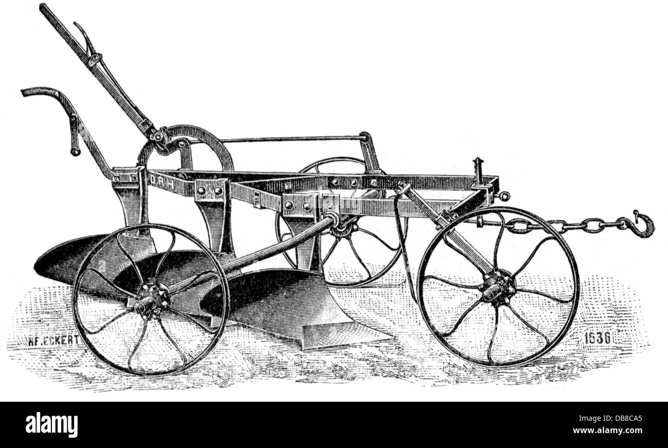 agriculture, devices, plough, tripple shared frame plough of the company H. F. Eckert, Berlin, wood engraving, 2nd half 19th century, appliance, appliances, agricultural machine, farm machine, agricultural machines, farm machines, technics, technology, technologies, tillage, tilth, arable farming, agriculture, farming, devices, device, plough, plow, ploughs, plows, historic, historical, Additional-Rights-Clearences-Not Available Stock Photo