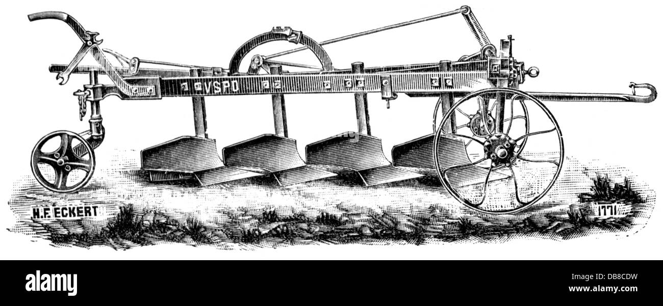 agriculture, devices, plough, quadruple shared frame plough of the company H. F. Eckert, Berlin, wood engraving, 2nd half 19th century, appliance, appliances, agricultural machine, farm machine, agricultural machines, farm machines, technics, technology, technologies, tillage, tilth, arable farming, agriculture, farming, devices, device, plough, plow, ploughs, plows, historic, historical, Additional-Rights-Clearences-Not Available Stock Photo