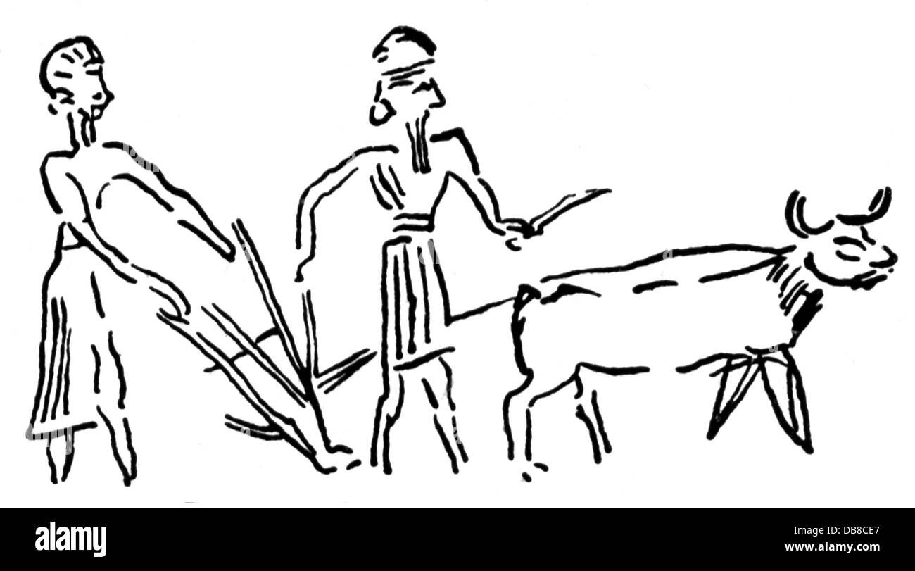 agriculture,agricultural work,plowing,farmers with plough,after seal,Mesopotamia,3rd millenium BC,drawing,20th century,people,men,man,devices,device,technics,technology,technologies,tillage,tilth,arable farming,working,ploughing,plowing,ox,oxen,draught animal,draught animals,prehistory,prehistoric times,early history,prehistorical,prehistoric,working animal,work animal,working animals,agriculture,farming,agricultural work,farm labour,farm labor,farmer,farmers,plough,plow,ploughs,plows,millenium,millennium,historic,Additional-Rights-Clearences-Not Available Stock Photo