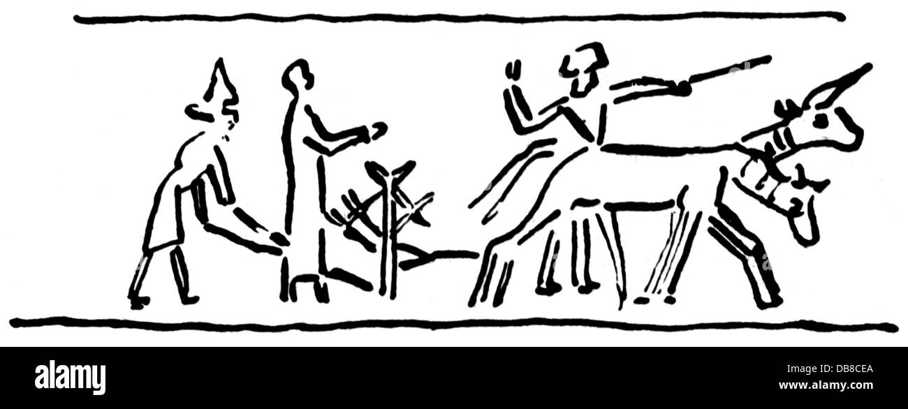 agriculture,agricultural work,plowing,farmers using a plough with sowing funnel,after seal,Mesopotamia,2nd millenium BC,drawing,20th century,people,men,man,devices,device,technics,technology,technologies,tillage,tilth,arable farming,working,ploughing,plowing,seeding,seed,sowing,sow,sough,horse,horses,draught animal,draught animals,working animal,work animal,working animals,prehistory,prehistoric times,early history,prehistorical,prehistoric,agriculture,farming,agricultural work,farm labour,farm labor,farmer,farmers,,Additional-Rights-Clearences-Not Available Stock Photo