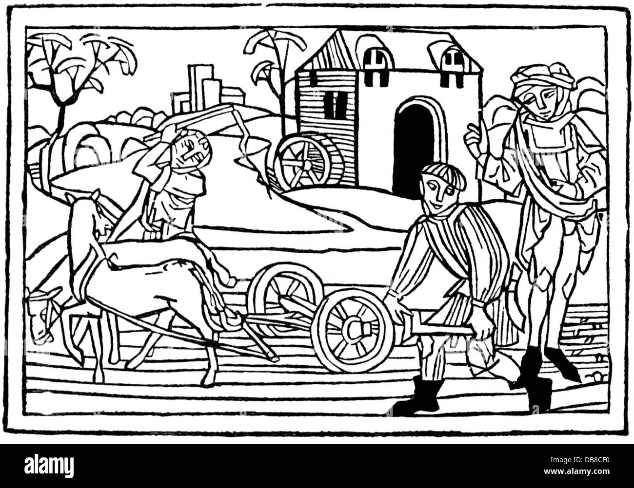 agriculture, agricultural work, plowing, peasants at drudgery, woodcut, 1474, Additional-Rights-Clearences-Not Available Stock Photo