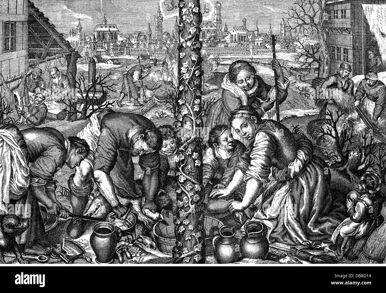 allegories, 'December', peasants slaughtering a pig, design by Peter Candid, after engraving by Amling, 17th century, wood engraving, 19th century, Additional-Rights-Clearences-Not Available Stock Photo