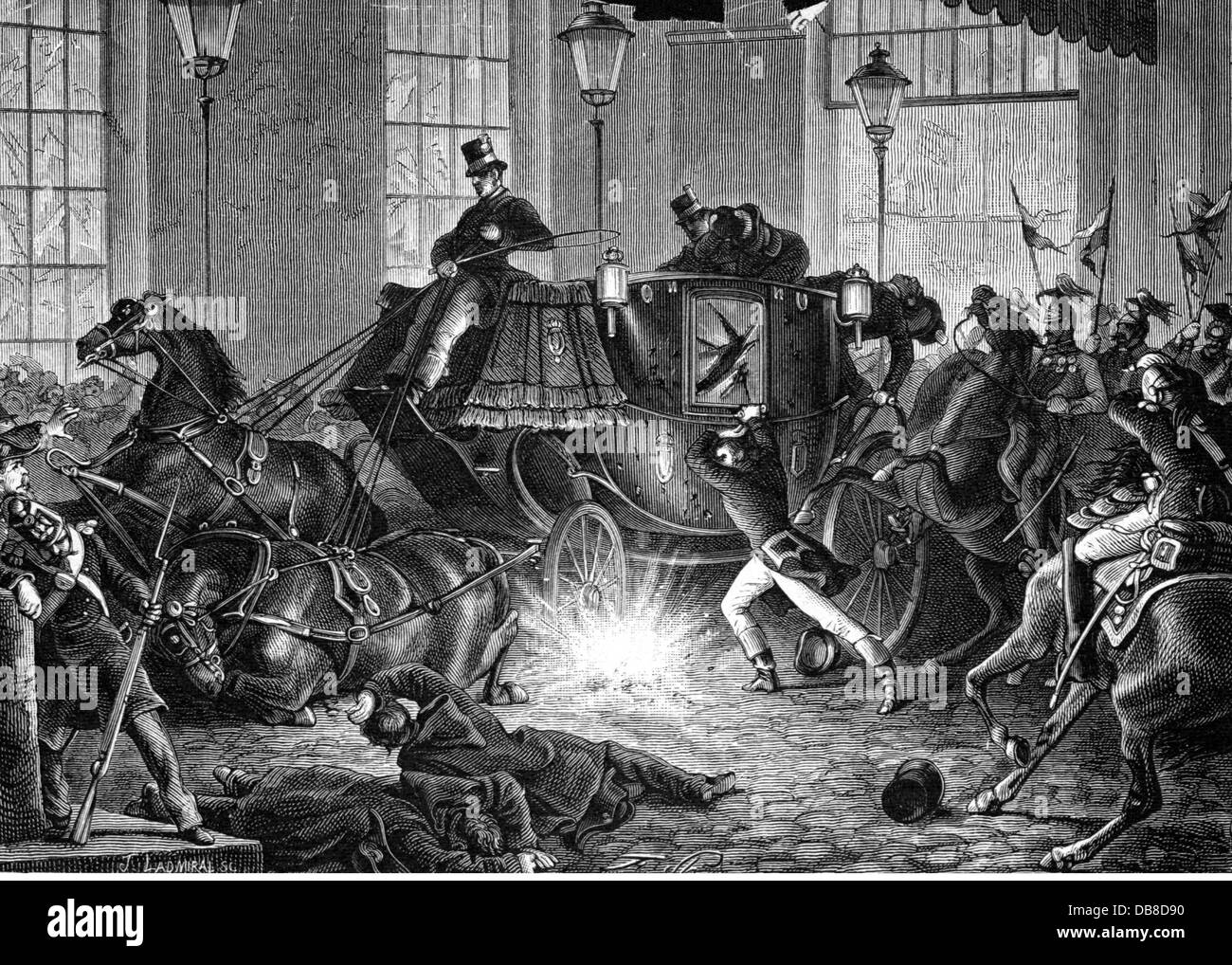 Napoleon III, 20.4.1808 - 9.1.1873, Emperor of the French 2.12.1852 - 2.9.1870, assassination attempt by Count Felice Orsini, Antonio Gomez, Giuseppe Andrea Pieri and Carlo di Rudio, Rue Le Peletier, Paris, 14.1.1858, wood engraving, 19th century, Stock Photo