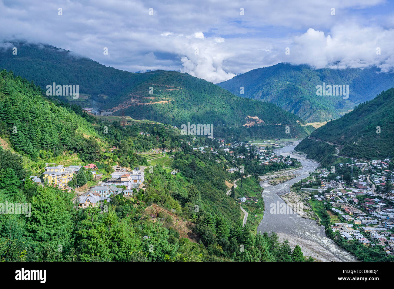 Dirang town deep in the valley of the high mountains with the Kameng river snaking through the region. Stock Photo