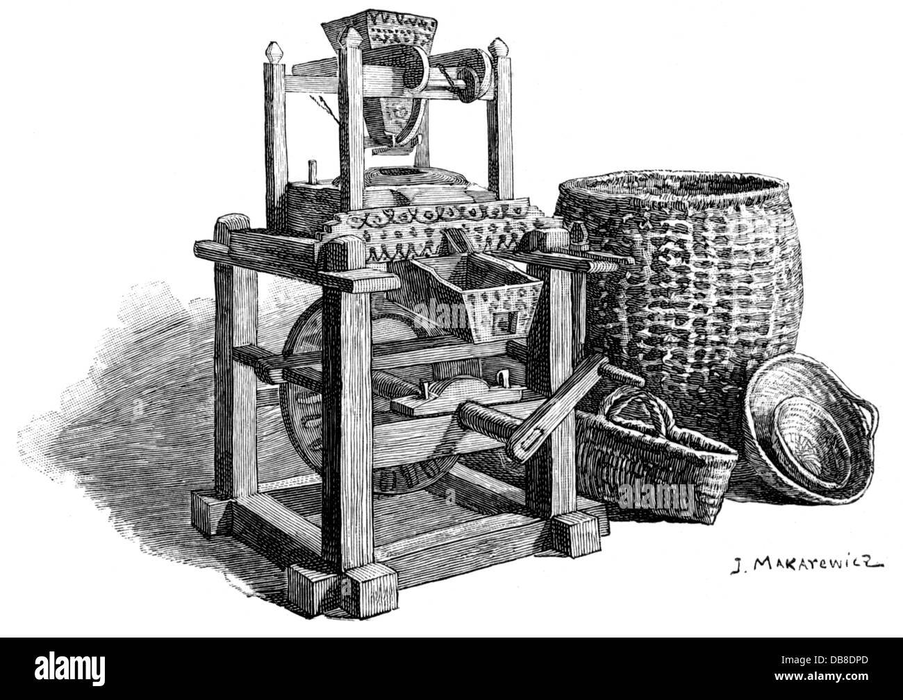 agriculture, machines, quern, wood engraving by J.Makarewicz, 19th century, 19th century, graphic, graphics, grain, mills, mill, milling, grind, grind up, grinding, crank handle, crank handles, technology, engineering, technologies, technics, basket, baskets, grinder, grinders, agriculture, farming, machine, machines, quern, querns, historic, historical, Additional-Rights-Clearences-Not Available Stock Photo