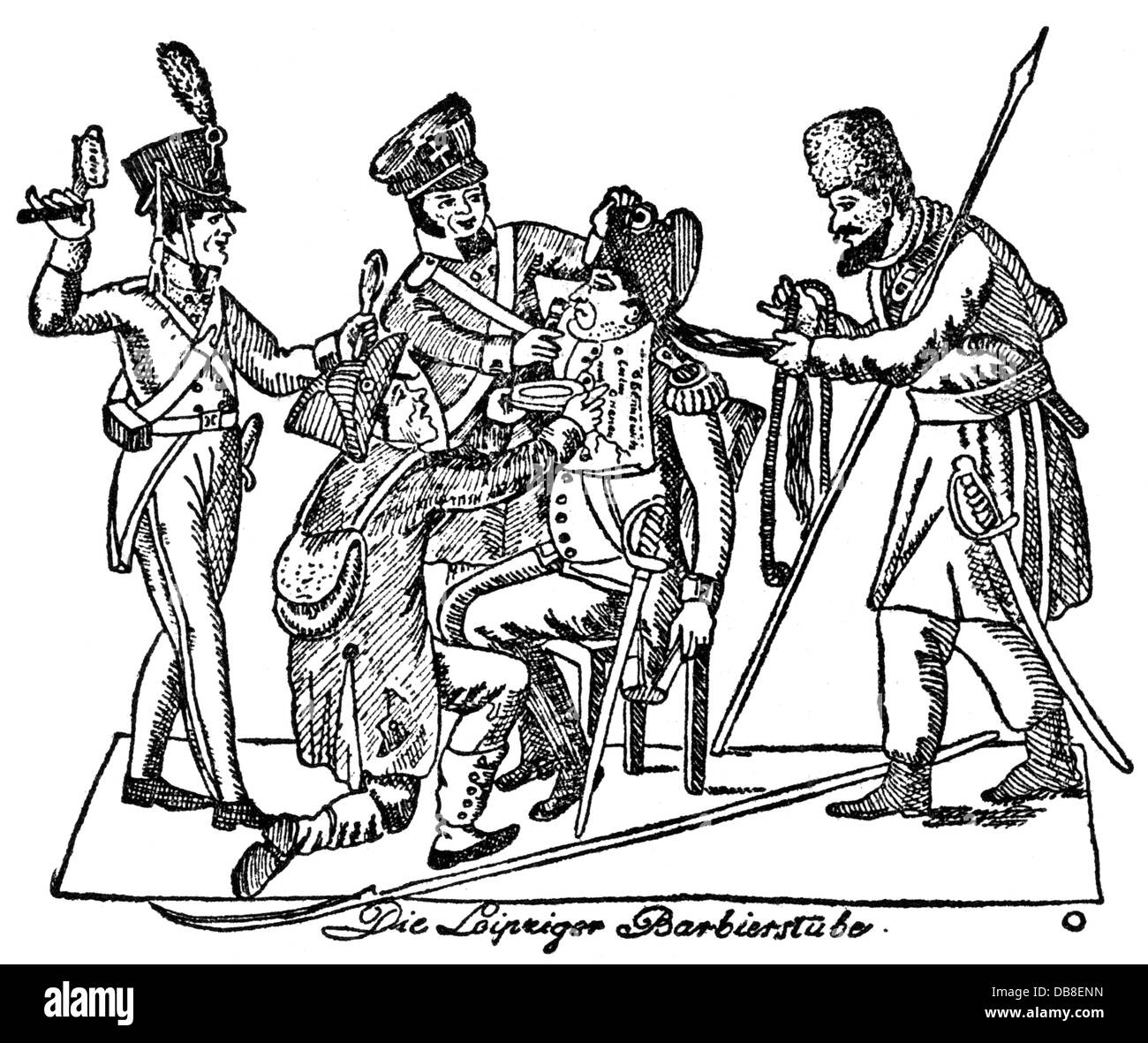 War of the Sixth Coalition 1812 - 1814, Battle of the Nations at Leipzig, 16. - 19.10.1813, caricature, "The Leipzig Barber Shop", Austria, Russia, Prussia and Sweden are shaving Emperor Napoleon I, contemporary copper engraving, Artist's Copyright has not to be cleared Stock Photo