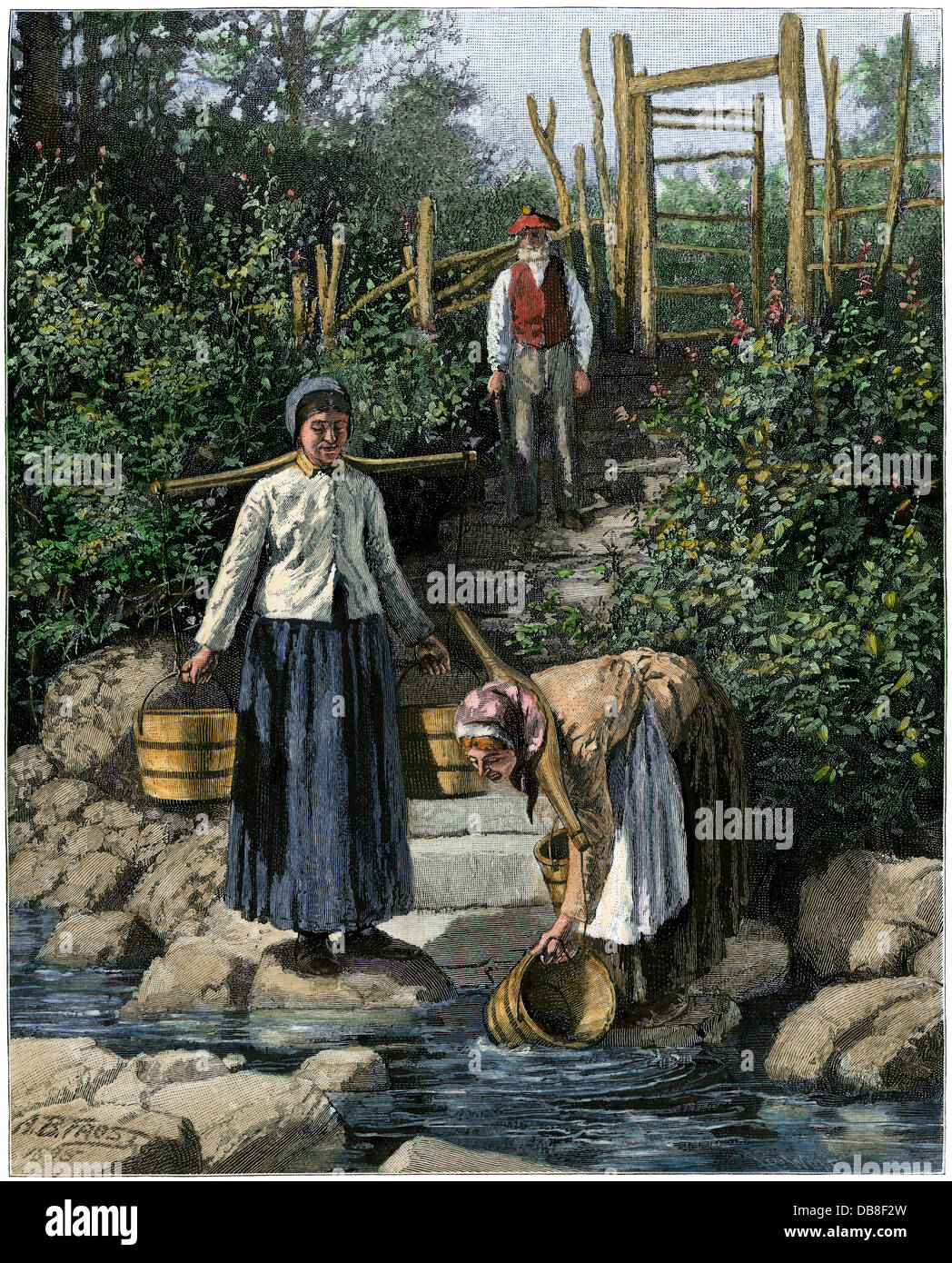 Women drawing water, Cape Breton Island, Canada, 1880s. Hand-colored woodcut of an A.B. Frost illustration Stock Photo
