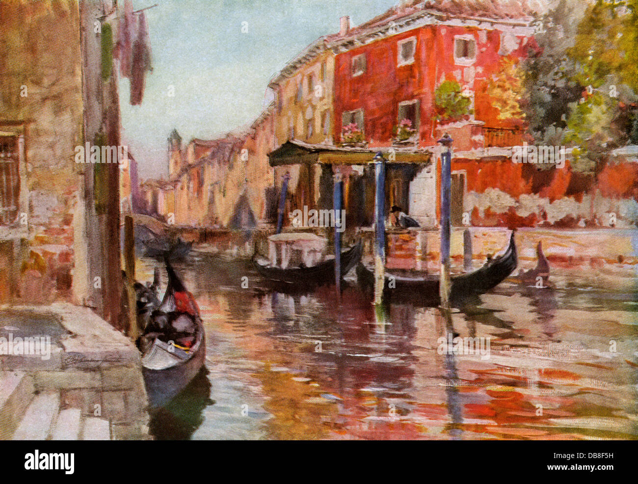 Gondolas along a canal in Venice, circa 1900. Color halftone reproduction of a painting Stock Photo