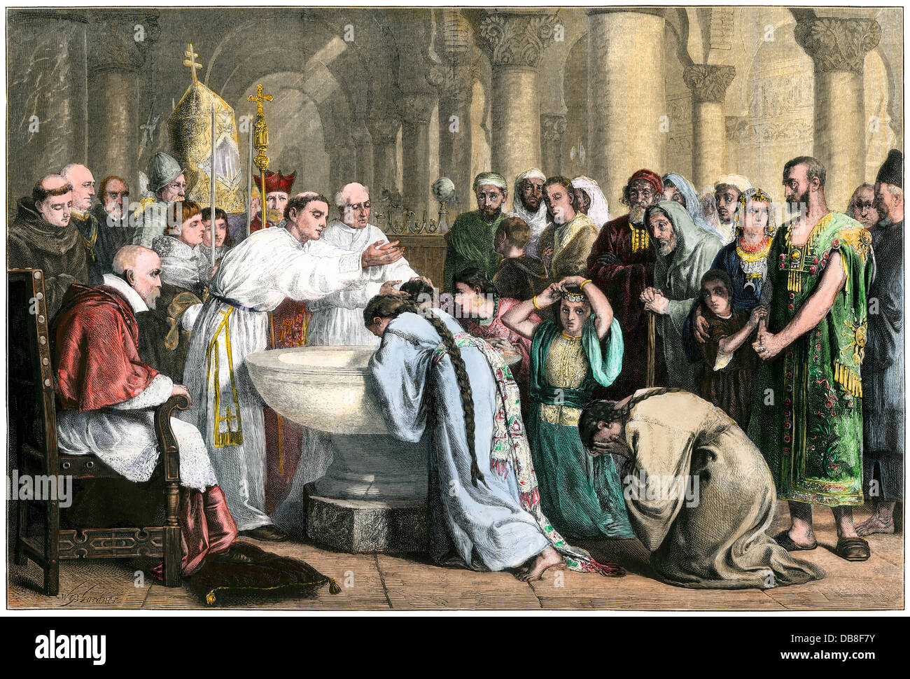 Compulsory baptism of the Moors after the Reconquista, Granada, Spain, 1500. Hand-colored woodcut Stock Photo