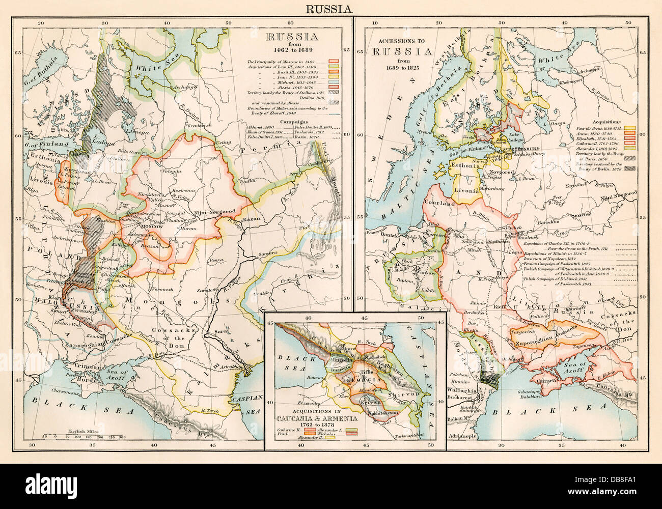 Russia 1462-1689 (left); lands added to Russian Empire 1689-1825 (right), plus Armenia and Caucasia (inset). Color lithograph Stock Photo