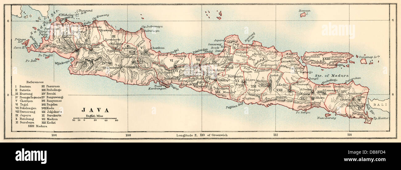 Map of Java, 1870s. Color lithograph Stock Photo