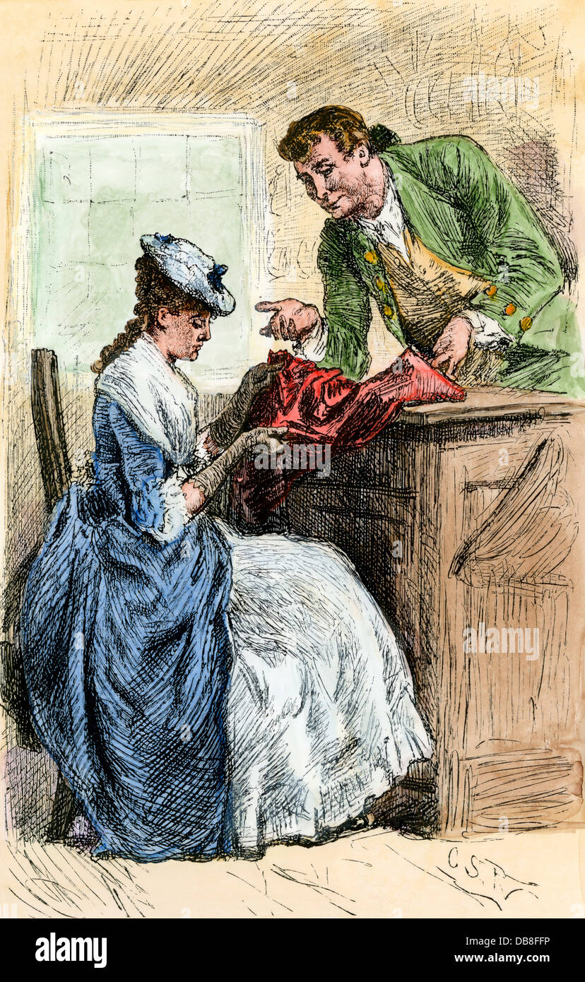 Colonial woman shopping, 1700s. Hand-colored woodcut Stock Photo
