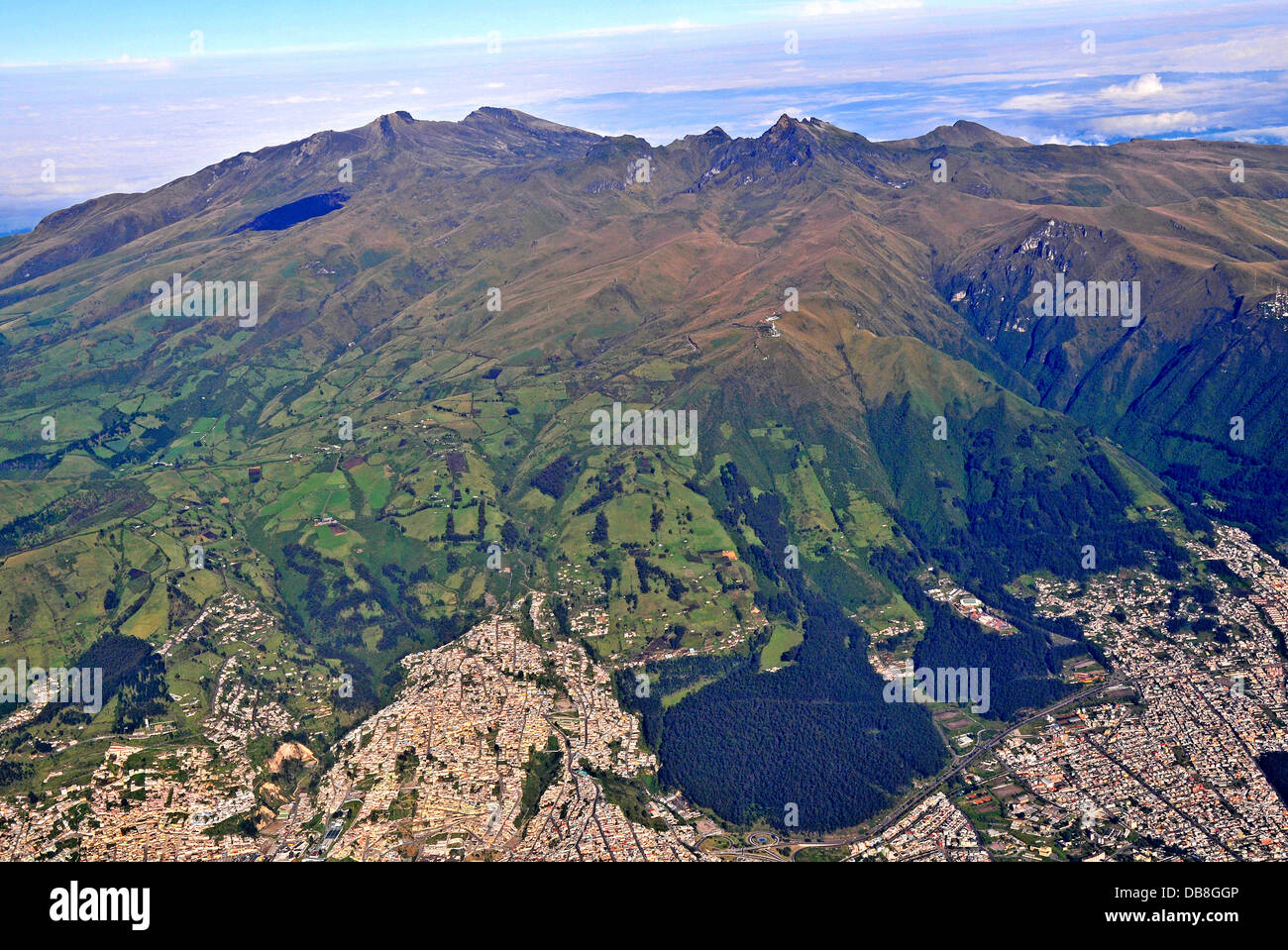 aerial view of Quito city and Pichincha volcano Ecuador Stock Photo