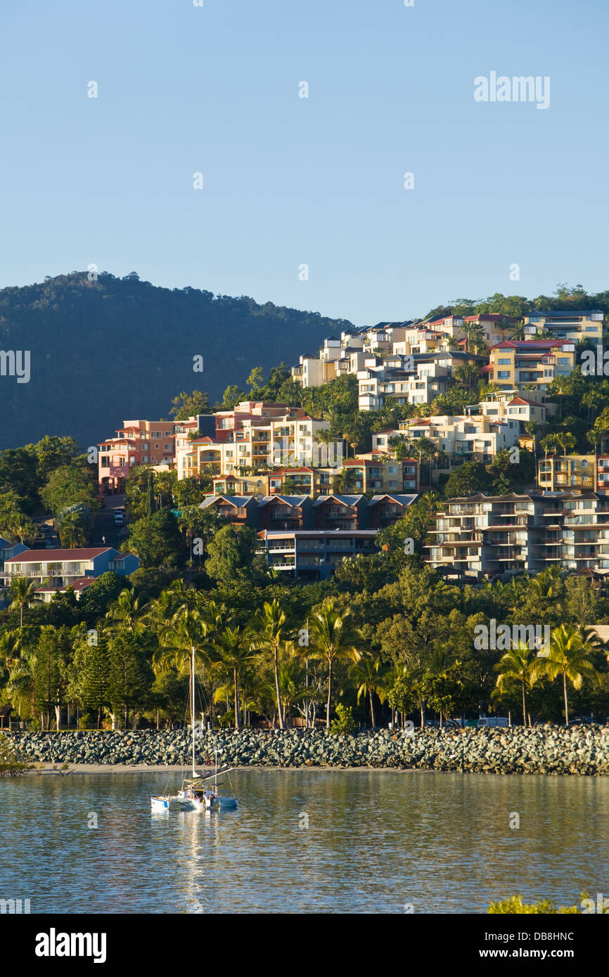View across Pioneer Bay to hillside apartments overlooking Airlie Beach