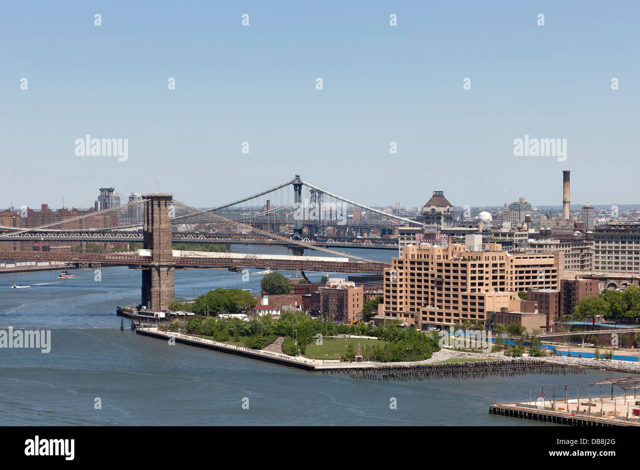 Aerial view of the East River with the Brooklyn Bridge and Williamsburg Bridge, New York City Stock Photo