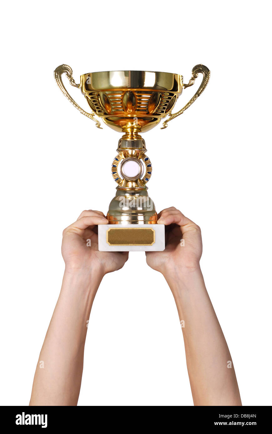 Man holding a champion golden trophy on white background Stock Photo ...