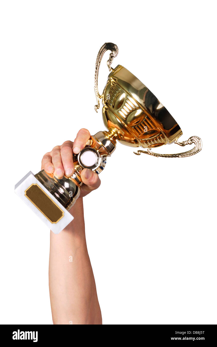 Man holding a champion golden trophy on white background Stock Photo ...