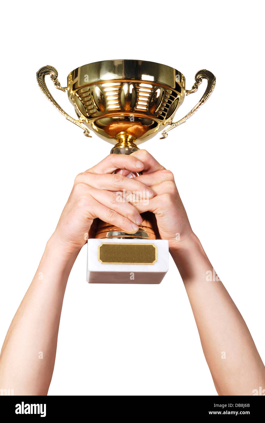 Man holding a champion golden trophy on white background Stock Photo ...